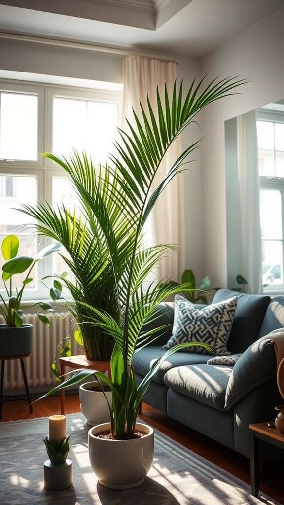 A lush Parlor Palm in a cozy living room setting with a sofa and other houseplants.