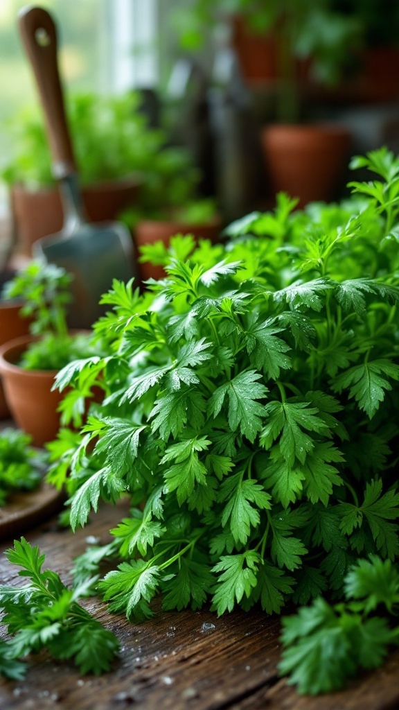 Lush green parsley leaves on a wooden table with pots and gardening tools in the background