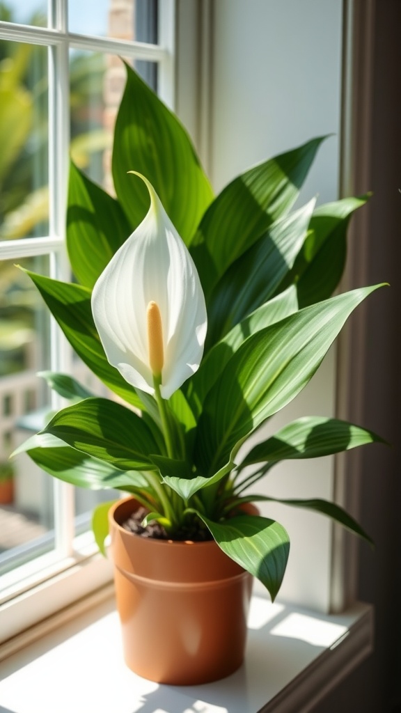 A Peace Lily plant with white flowers and green leaves in a pot on a windowsill.