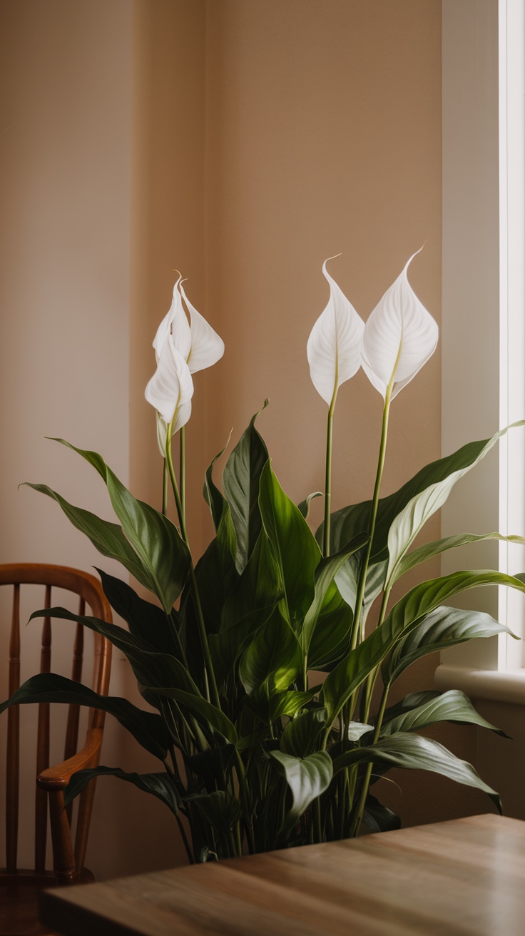 A Peace Lily plant with white blooms and green leaves positioned near a window