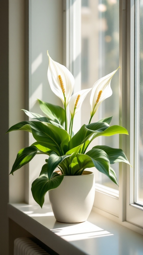 A peace lily plant with white blooms and green leaves placed on a windowsill.