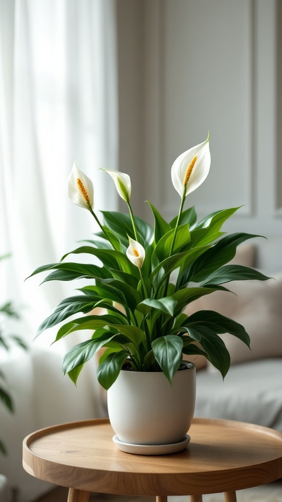 A Peace Lily plant in a white pot on a wooden table with bright, airy background.