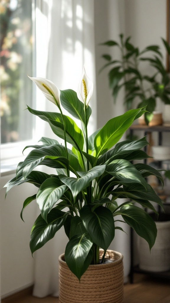 A Peace Lily with white blooms and lush green leaves in a bright indoor setting.