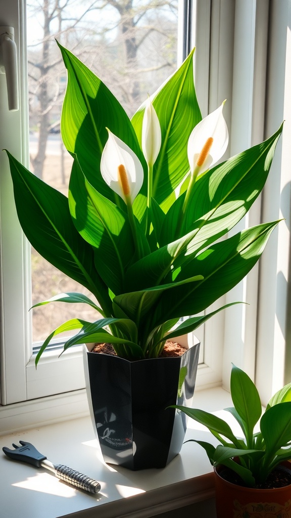 A Peace Lily plant with bright white flowers and lush green leaves positioned by a window.