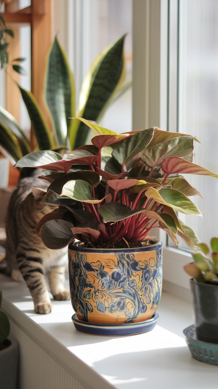 A Peperomia plant in a decorative pot, with a cat in the background.