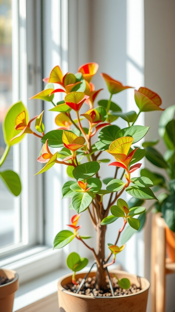 A vibrant Peperomia plant with colorful foliage, sitting by a sunny window.