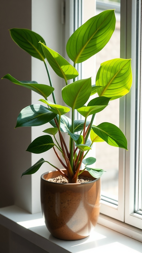 A healthy Philodendron plant with large green leaves in a pot, sitting by a window.