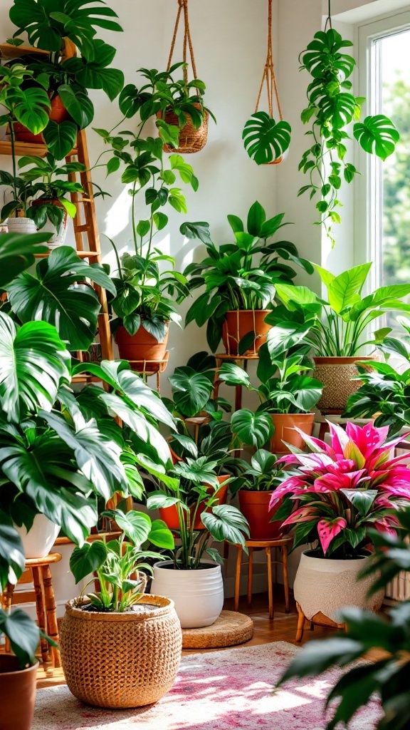 A bright room filled with various Philodendron plants in pots, showcasing their lush green leaves.