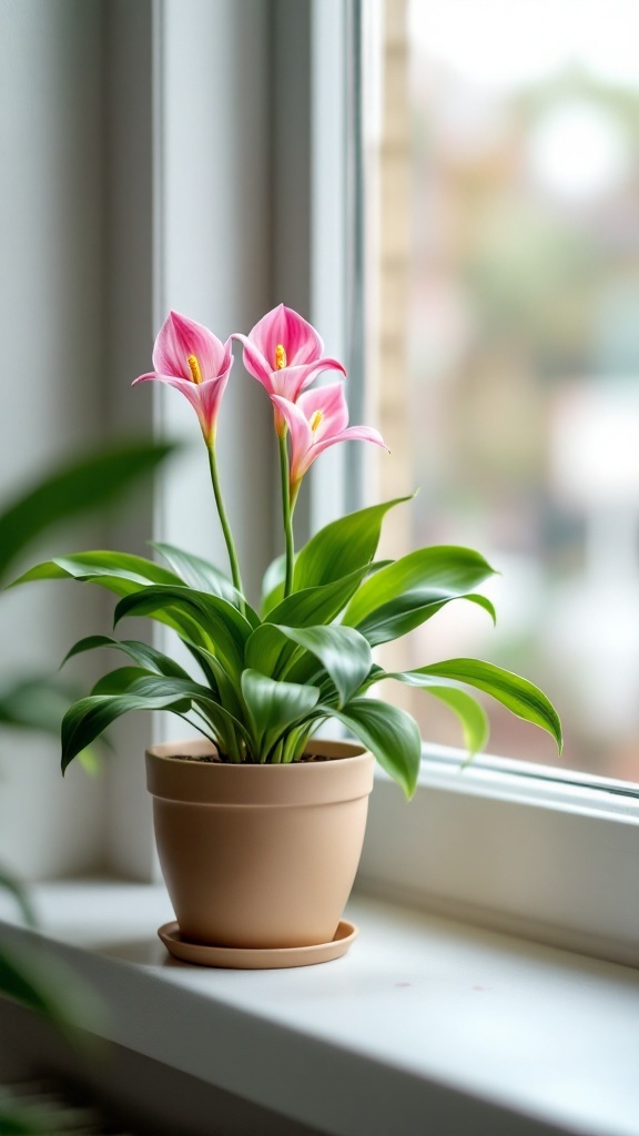 A Pixie Lily plant with pink flowers on a windowsill.