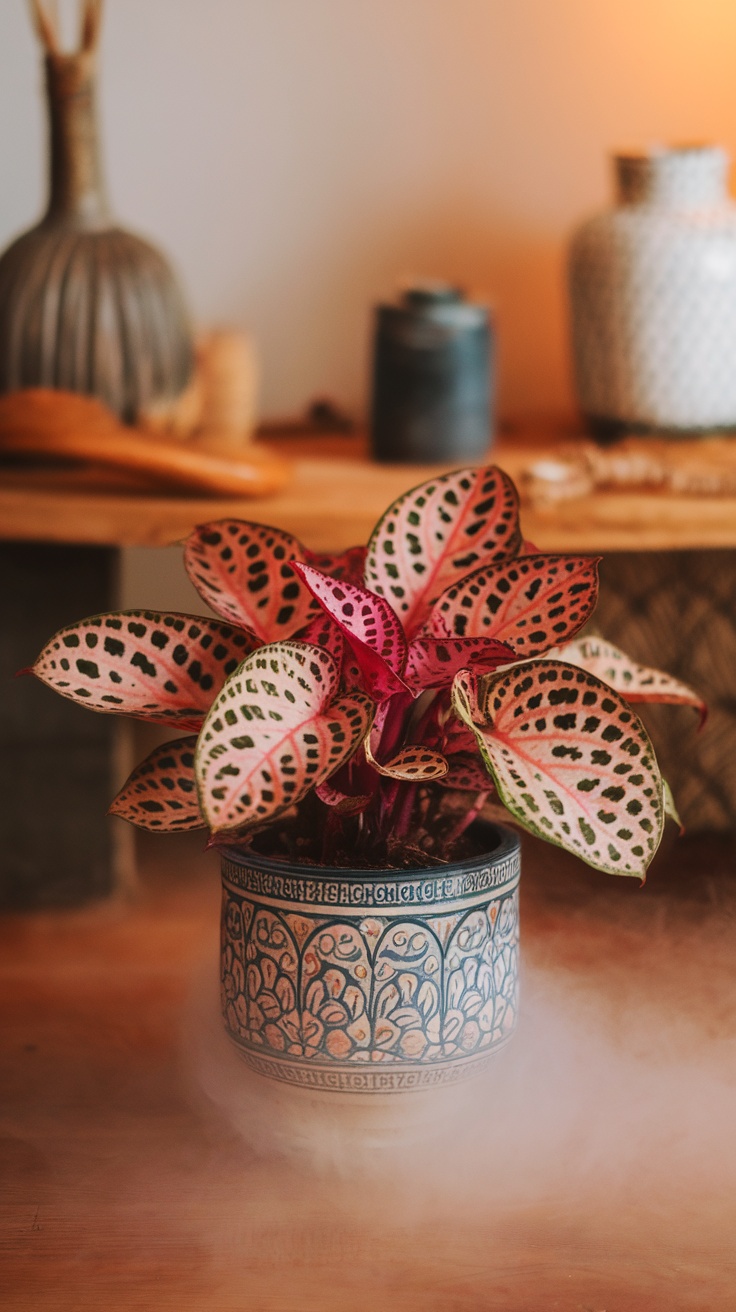 A vibrant Polka Dot Plant in an ornate pot, showcasing its colorful leaves with pink hues and dark green spots.