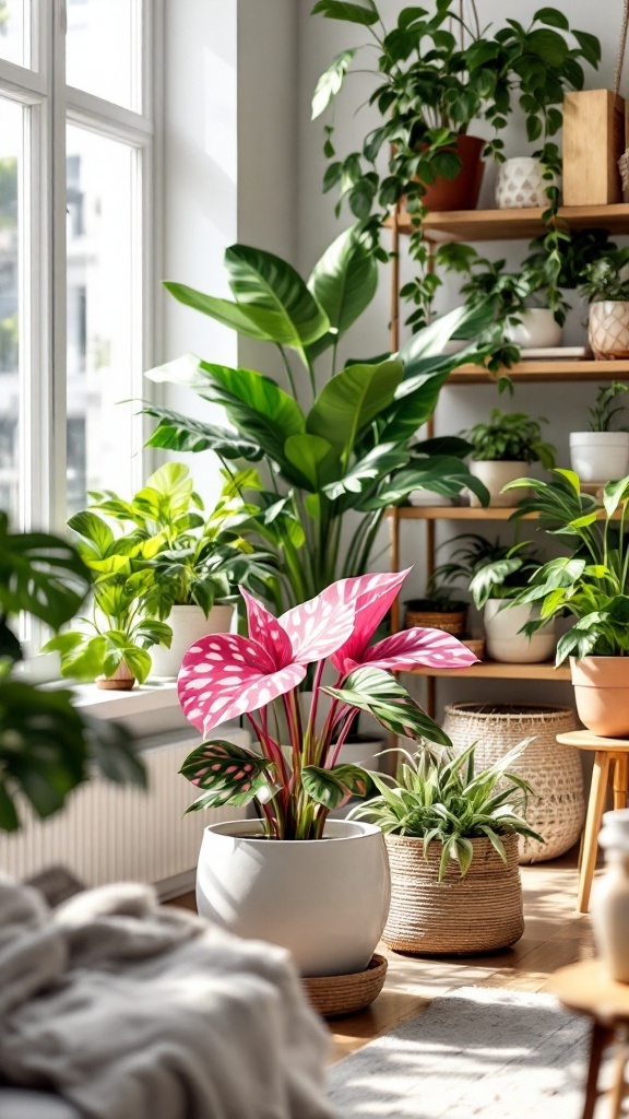 A vibrant polka dot plant with pink and green leaves in a cozy room filled with other houseplants.