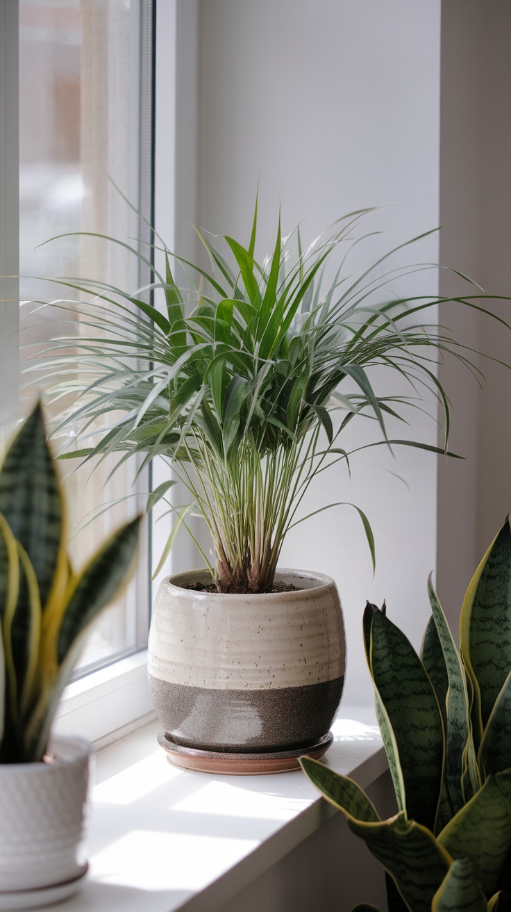 Ponytail Palm in a decorative pot on a windowsill