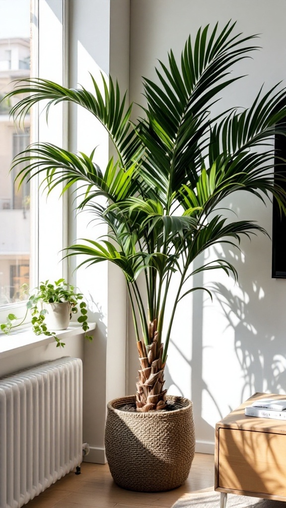 A Ponytail Palm in a woven pot beside a sunny window