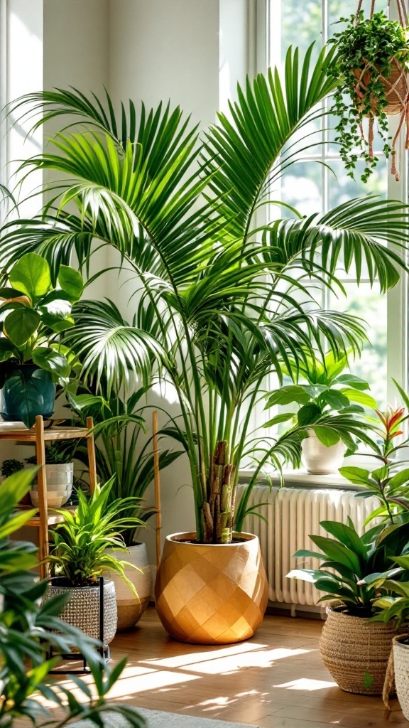 A Ponytail Palm placed in a stylish pot surrounded by various houseplants.