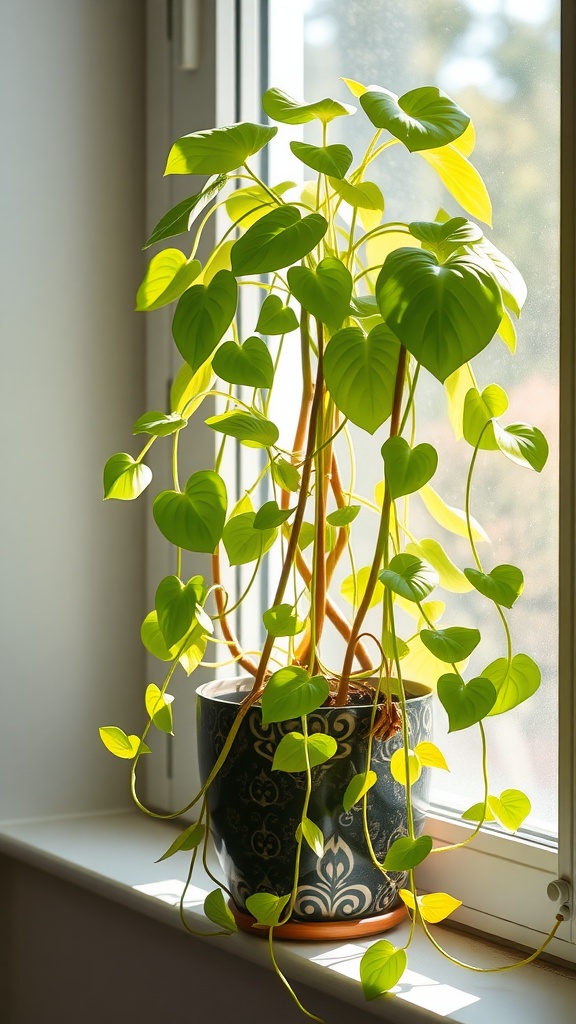 A lush pothos plant with heart-shaped leaves in a decorative pot, placed on a windowsill.