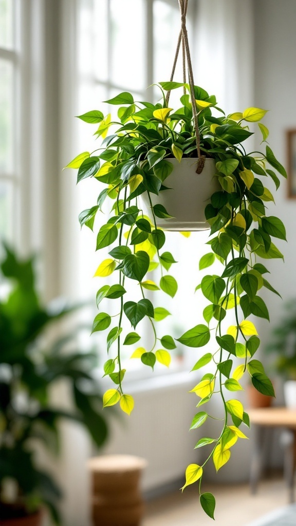 A vibrant Pothos plant with green and yellow leaves, hanging in a pot indoors, showcasing its cascading vines.