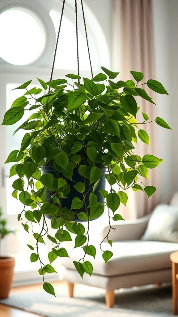 A lush Pothos plant hanging in a bright room, showcasing its vibrant green leaves.