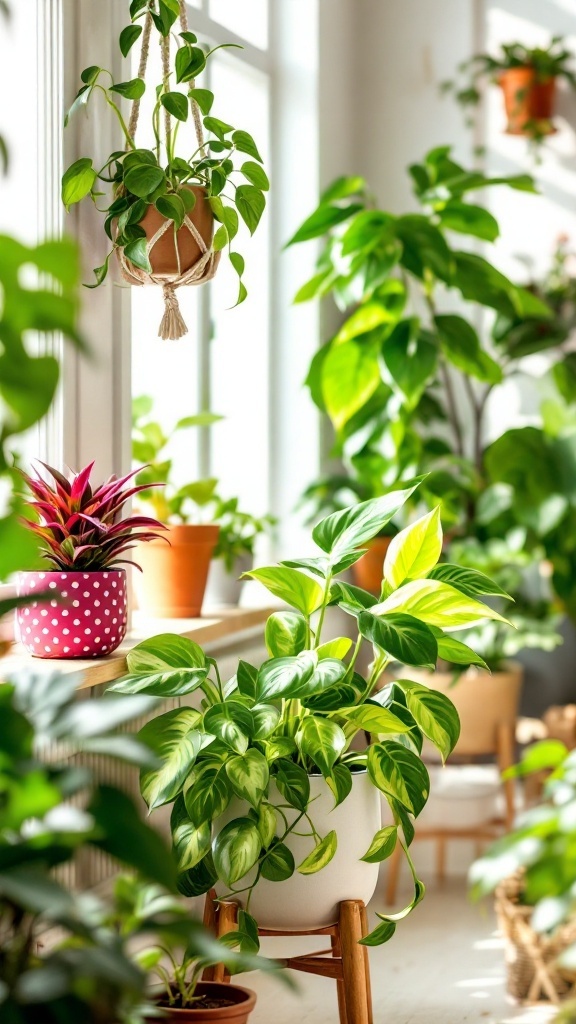 A vibrant collection of pothos plants in a bright room, showcasing their lush green leaves.