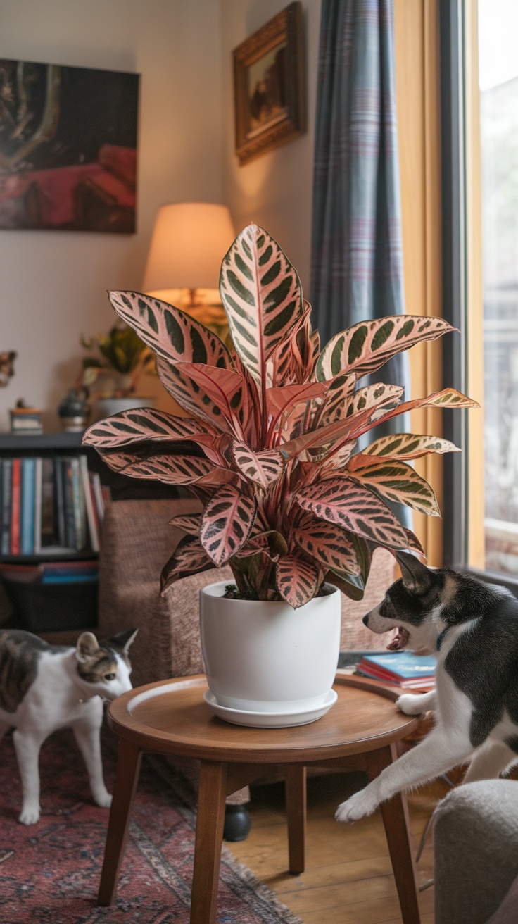 A Prayer Plant with pink and green leaves on a table, with a cat and a dog nearby.