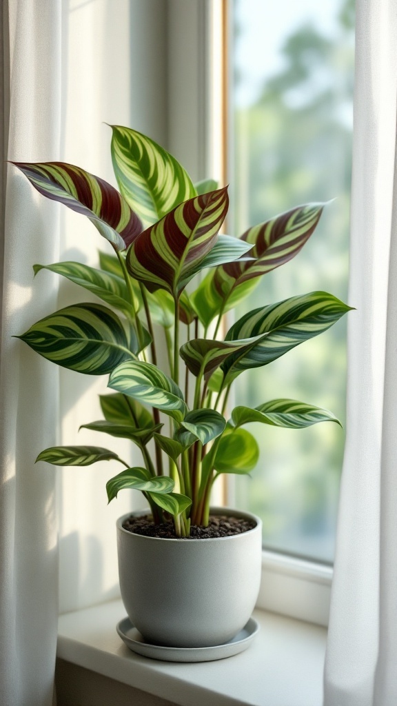 A Prayer Plant in a white pot on a windowsill, with vibrant green leaves and patterns.