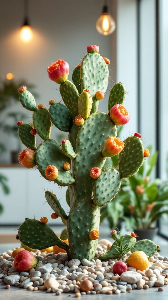 A vibrant Prickly Pear Cactus with colorful blooms, surrounded by pebbles in a modern indoor setting.