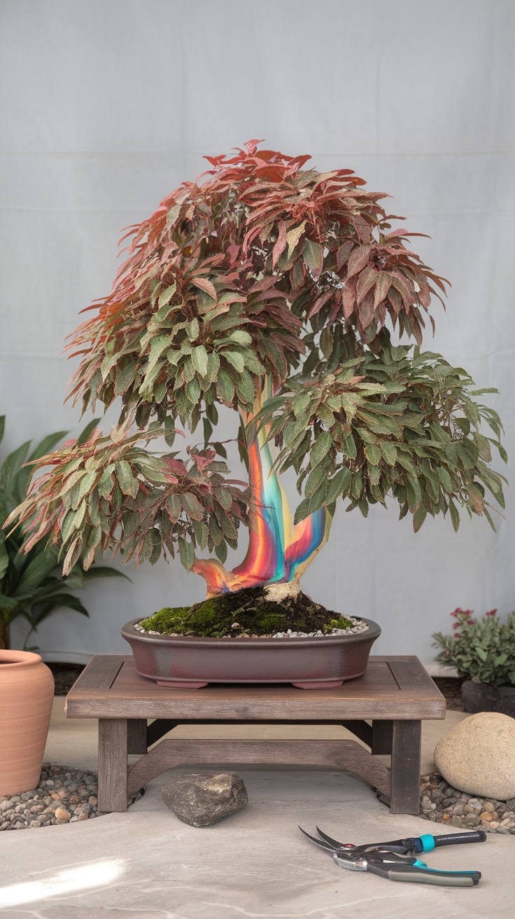 A colorful Rainbow Eucalyptus Bonsai tree with bright leaves in a modern pot.