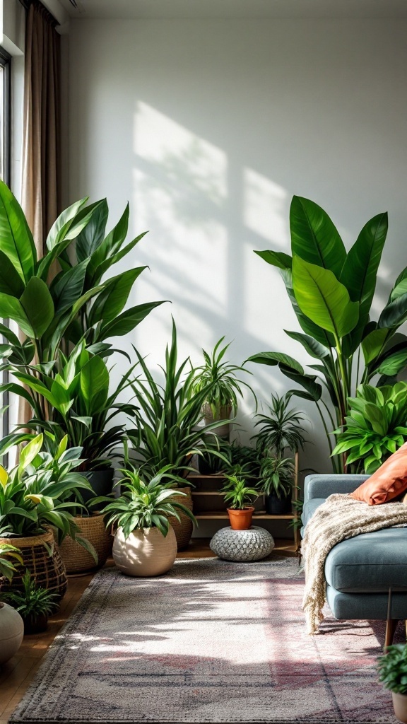 An indoor space filled with a variety of houseplants showcasing vibrant greenery and diverse textures.