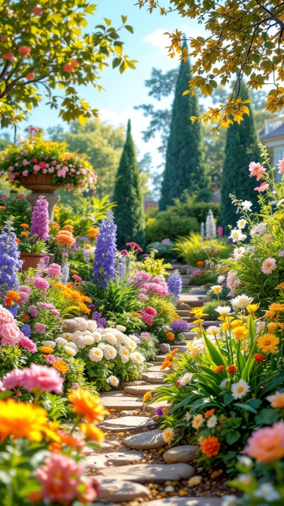 A vibrant garden filled with colorful flowers and lush greenery.