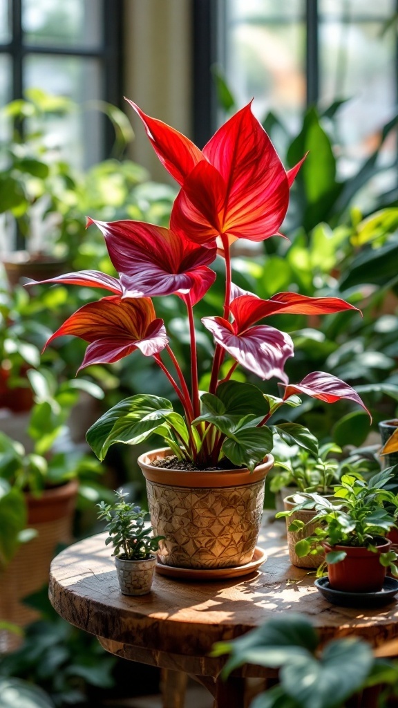 A vibrant Red Butterfly Wing houseplant with red and green leaves on a wooden table surrounded by other plants.