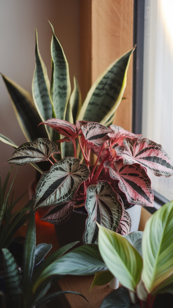 A vibrant Rex Begonia plant with colorful leaves, surrounded by other houseplants, showcasing its beauty and humidity-loving nature.