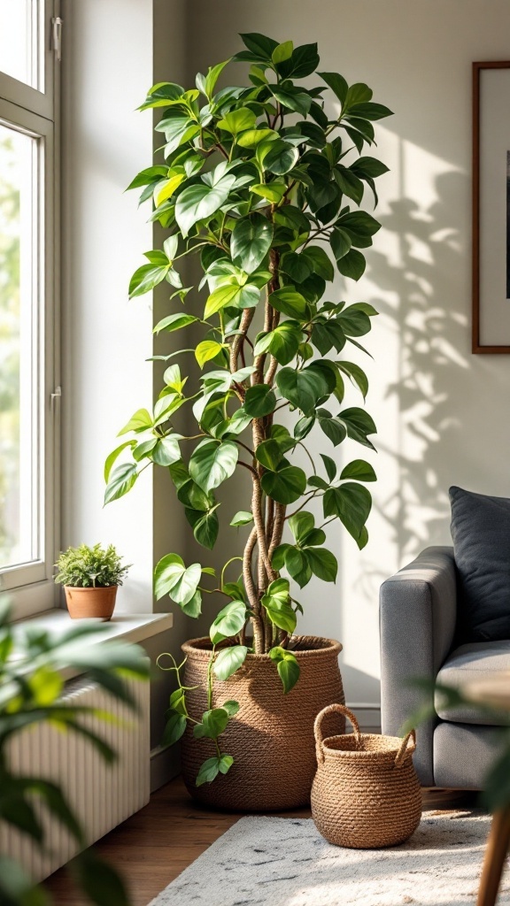 Indoor setting showing a Rope Hoya plant in a woven basket next to a cozy couch.