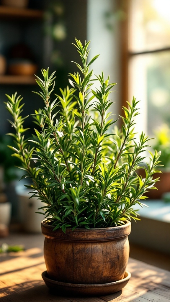 A lush rosemary plant in a wooden pot, bringing vibrant green to an indoor space.