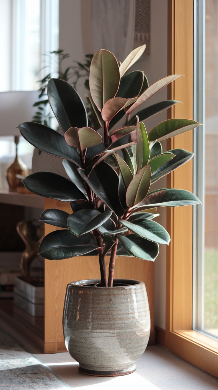 A healthy rubber plant in a ceramic pot near a sunny window.