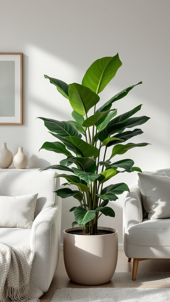 A tall Rubber Plant with glossy leaves in a contemporary living room setting.