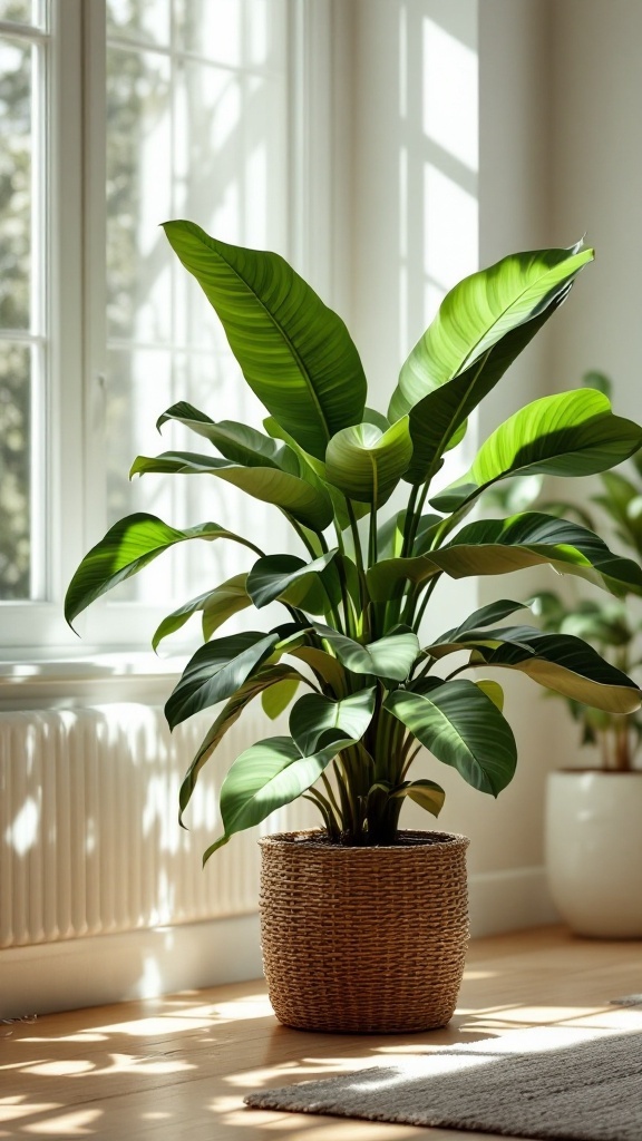 A vibrant rubber plant in a woven basket, positioned in bright sunlight near a window.