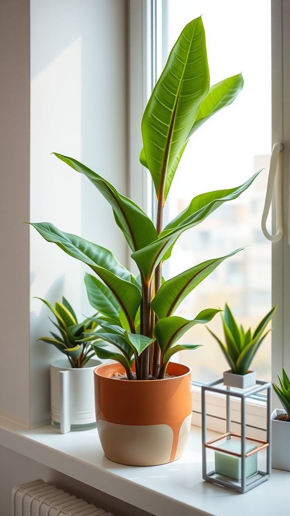 A Rubber Plant in a stylish pot, showcasing its glossy leaves by a window.