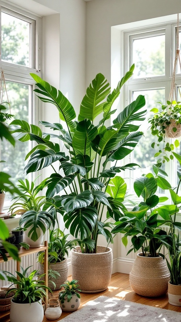 Indoor plant arrangement featuring a large Schefflera with glossy leaves, alongside smaller plants.