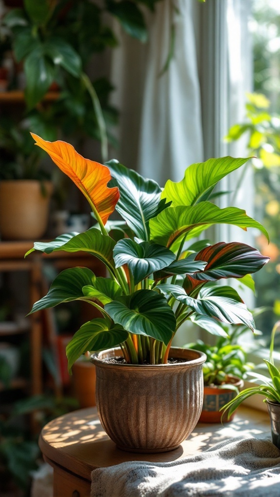 Shingle Plant with vibrant green and orange leaves in a decorative pot