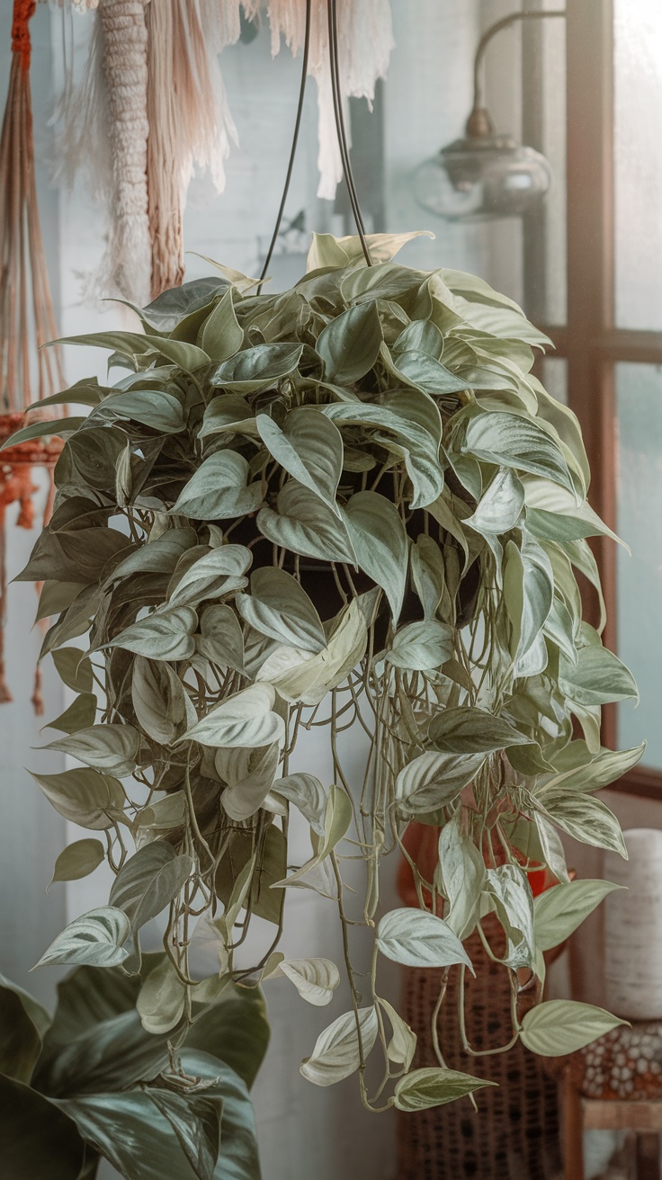 A lush Silver Satin Pothos plant hanging in a stylish indoor setting.