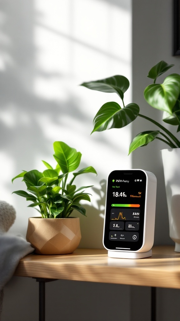 A smart plant monitor next to a potted plant, displaying plant care information on its screen.