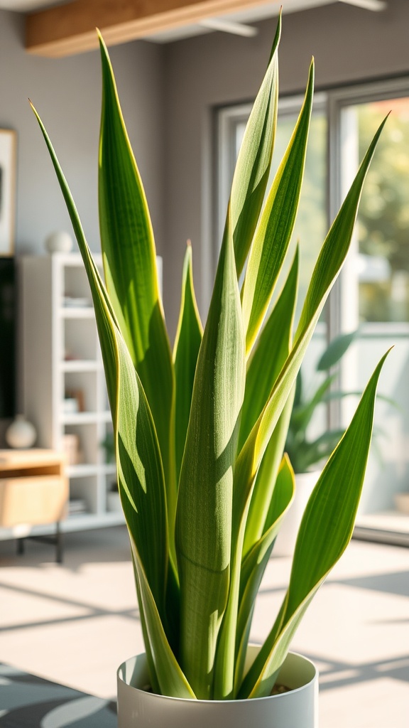 A tall Snake Plant with long green leaves in a modern interior setting.