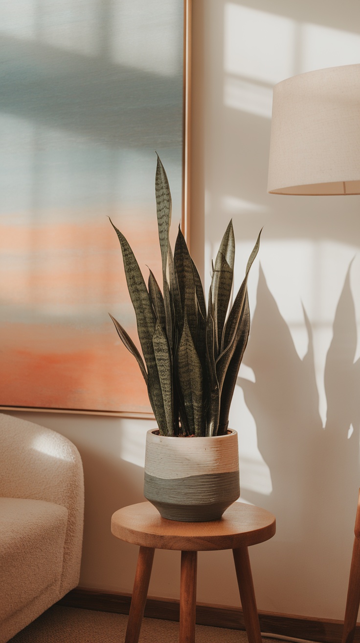 A tall Snake Plant in a modern pot, set against a softly colored wall and a warm lamp, showcasing its suitability as a cold-tolerant houseplant.