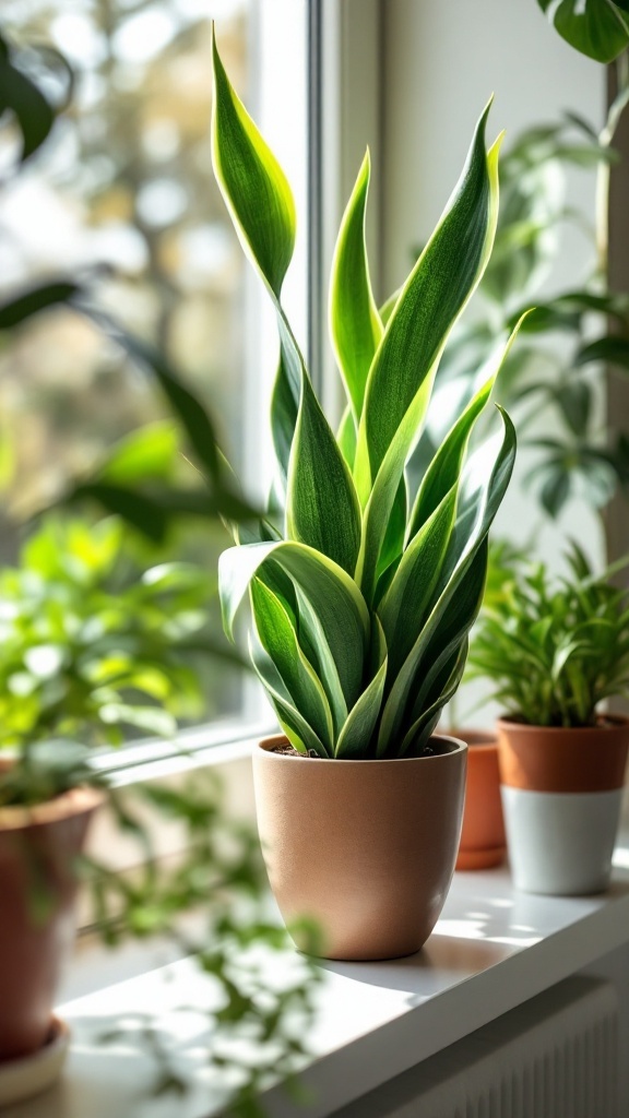 A vibrant Snake Plant with tall, striped leaves in a light brown pot, sitting on a windowsill surrounded by other small indoor plants.