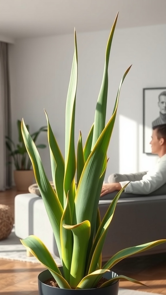 A vibrant Snake Plant in a modern living room setting.