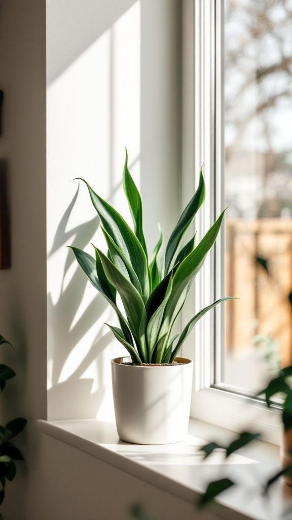 A Snake Plant with long green leaves in a white pot, positioned on a windowsill with sunlight shining through.