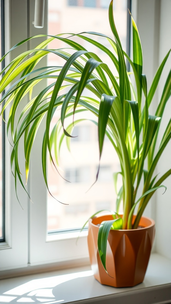 A vibrant Spider Plant in a decorative orange pot by a sunny window.