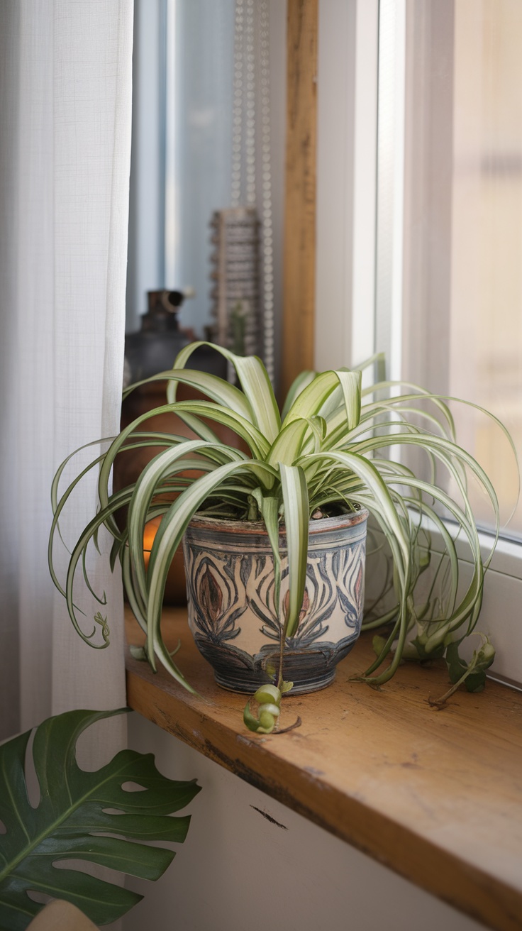 A Spider Plant in a decorative pot placed on a windowsill, showcasing its long, arching leaves.