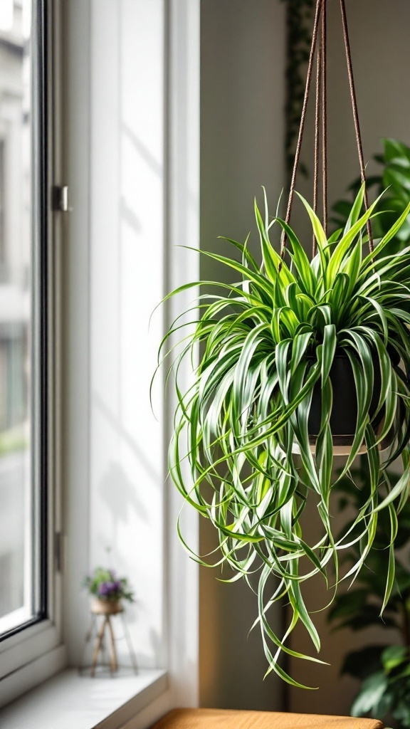 A vibrant Spider Plant hanging by a window, with long green and white striped leaves.