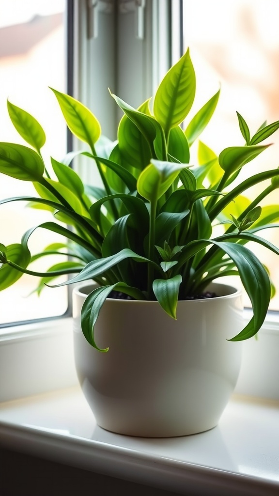 A vibrant spider plant in a white pot, sitting on a windowsill.