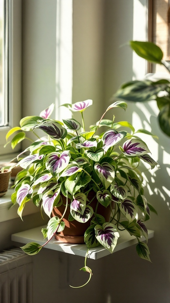 A vibrant spiderwort plant with green and purple leaves placed on a windowsill, showcasing its lush foliage.